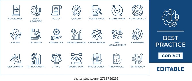 
Ícones de linha de práticas recomendadas, conformidade e controle de qualidade. Símbolos vetoriais para padrões, gerenciamento de riscos, política, segurança e otimização de fluxo de trabalho.
