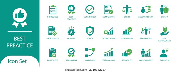 Conjunto de Ícones de Negócios de Práticas Recomendadas, Conformidade e Controle de Qualidade.