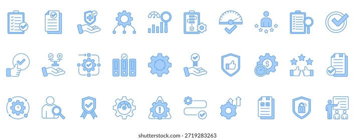 Best Practice-Symbolsatz. Enthält Symbole, die für das Unternehmen relevant sind. Konzipiert in Vektor linear blau Stil
