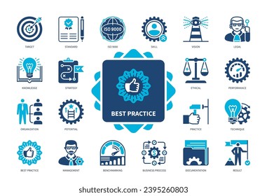 Best Practice icon set. Target, Knowledge, Vision, Potential, Strategy, Business Process, Skill, Result. Duotone color solid icons