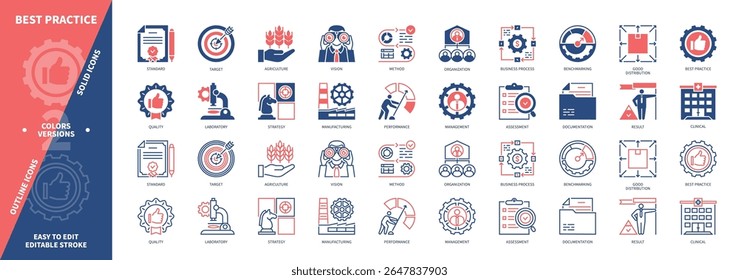 Best Practice icon set. Target, Documentation, Vision, Benchmarking, Strategy, Business Process, Quality, Assessment. Duotone color solid and editable outline icons
