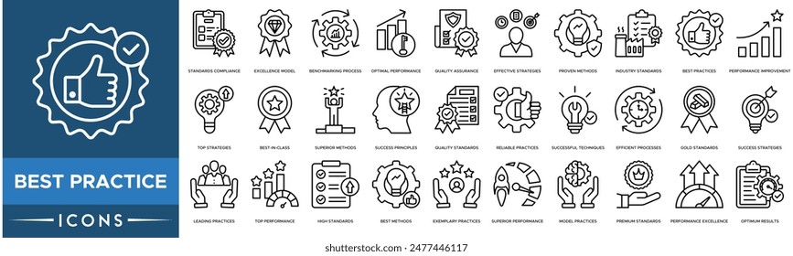 Best Practice-Symbol. Normenkonformität, Exzellenzmodell, Benchmarking-Prozess, optimale Leistung, Qualitätssicherung, effektive Strategien und bewährte Methoden