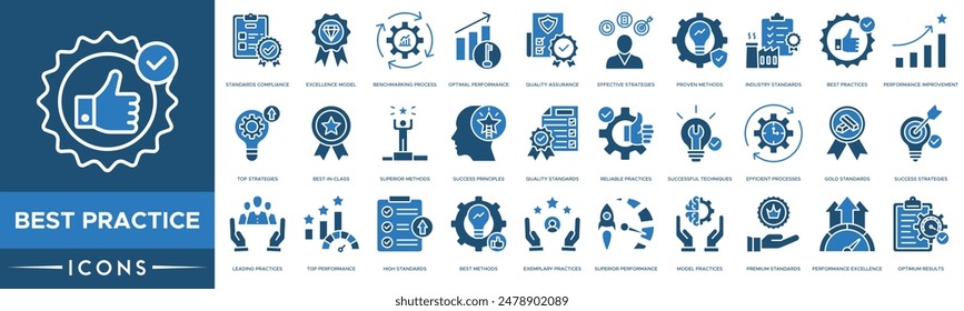 Best Practice icon. Standards Compliance, Excellence Model, Benchmarking Process, Optimal Performance, Quality Assurance, Effective Strategies and Proven Methods