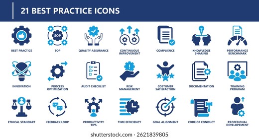 Best practice icons pack in solid style including SOP, compliance, audit checklist, risk management, time efficiency, documentation, and training.