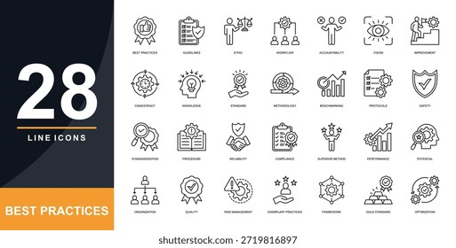 Conjunto de iconos de línea de mejores prácticas. Contiene Mejores Prácticas, Lineamientos, Ética, Flujo de Trabajo, Rendición de Cuentas, Visión 