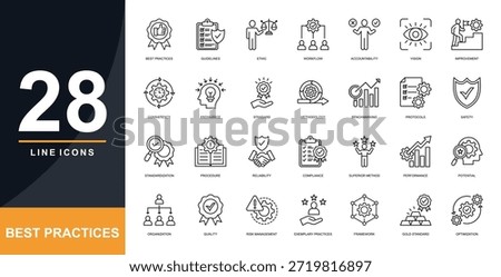 Best Practice Line Icon set. Containing Best Practices, Guidelines, Ethic, Workflow, Accountability, Vision 