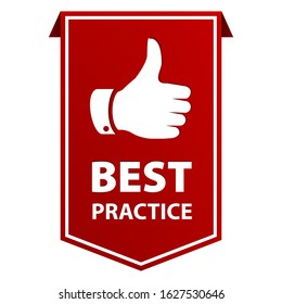 Best Practice red tag ribbon banner with thumb up icon isolated on white background. Vector illustration