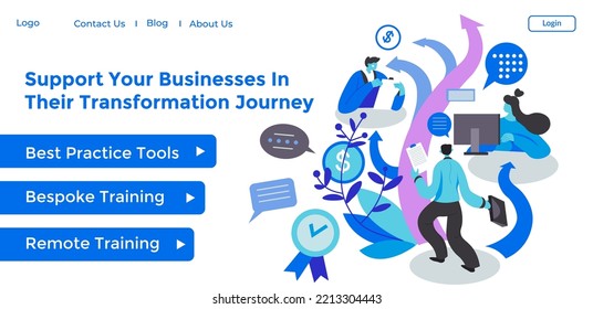 Best Practice Tools And Bespoke Training For Your Business. Support Company In Transformation Journey. Remodeling And Branding. Website Landing Page Template, Site In Internet. Vector In Flat Style