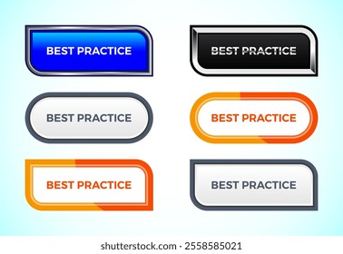 Best practicebutton set of different shapes and colors. Suitable for mobile app, and website UI design.