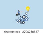 Best practices development, entrepreneur ascending stairs on a gear mechanism. 