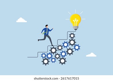 Best practices development, entrepreneur ascending stairs on a gear mechanism. 