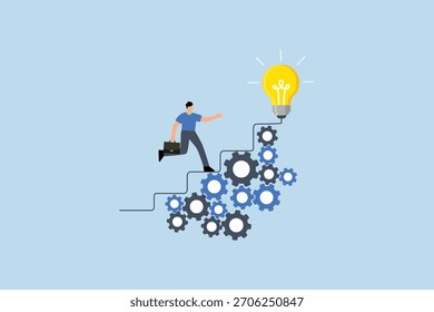 Best practices development, entrepreneur ascending stairs on a gear mechanism. 
