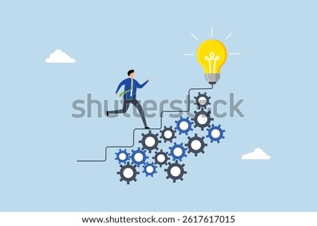 Best practices development, entrepreneur ascending stairs on a gear mechanism. 
