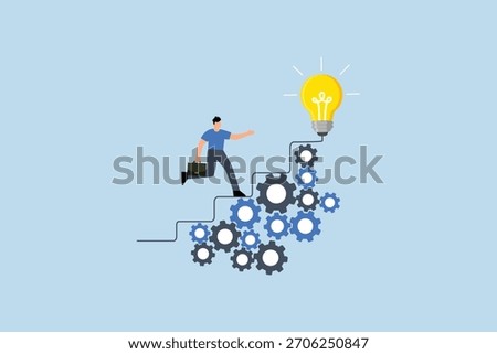 Best practices development, entrepreneur ascending stairs on a gear mechanism. 