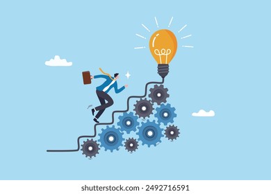 Best practices development, strategy to success or improvement, planning, progress or implementation process, efficiency or productivity concept, businessman running up stair on cogwheel gears system.