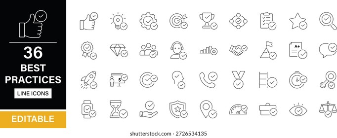 Paquete de iconos de línea editables de Best Practices. Flujo de trabajo, rendimiento, estándar, mejora, procedimiento, experiencia, eficiencia, optimización, conformidad, marco, calidad, seguridad, políticas y más iconos.