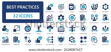 Best practices flat icons collection. Target, benchmark, workflow, potential, standards, result, procedures, expertise, improvement sign set.