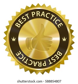Best Practices gold label with thumb up symbol icon isolated on white background. Vector illustration