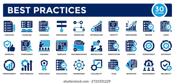 Coleção de ícones de práticas recomendadas. Contendo padrão, procedimento, eficiência, Gerenciamento, qualidade, desempenho, aprimoramento, ícone de treinamento. Ilustração simples de vetor plano.