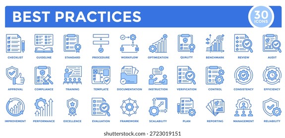Coleção de ícones de práticas recomendadas. Contendo padrão, procedimento, eficiência, Gerenciamento, qualidade, desempenho, aprimoramento, ícone de treinamento. Ilustração simples do vetor azul.