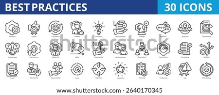 Best practices icon pack collection set for business operations and management. With efficiency, quality, consistency, integrity, innovation, accountability, strategy, feedback, and teamwork icon