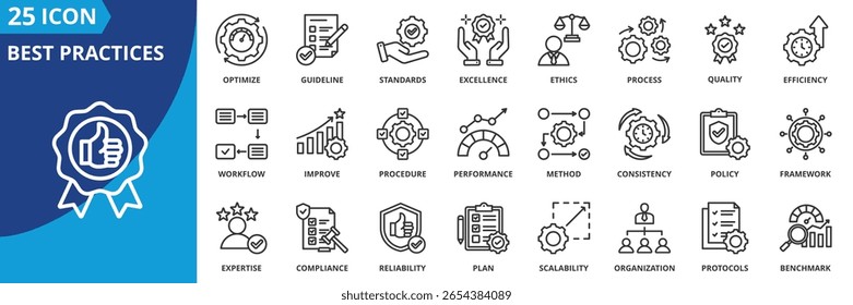 best practices icon set collection in outline style. an icon pack contain standards, guideline, quality, efficiency, process, excellence, optimize, improve, policy, procedure, method, performance