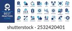 Best practices icon set. Containing workflow, guidelines, performance, standards, improvement, protocols, procedures and methodology. Solid vector icons collection.