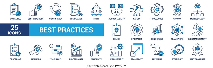 Conjunto de iconos de prácticas recomendadas. Contiene flujo de trabajo, lineamientos, rendimiento, estándares, mejoras, protocolos, procedimientos y metodología. Iconos de vector azul colección.