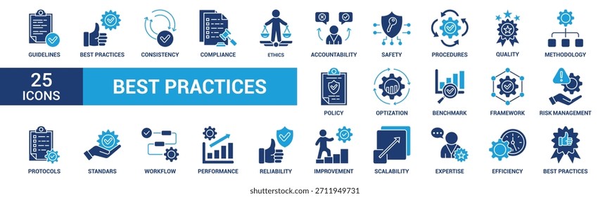 Conjunto de ícones de práticas recomendadas. Contendo fluxo de trabalho, diretrizes, desempenho, padrões, melhorias, protocolos, procedimentos e metodologia. Coleção de ícones de vetor sólido.