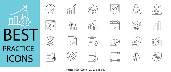 Conjunto de ícones de práticas recomendadas. Contendo fluxo de trabalho, diretrizes, desempenho, padrões, melhorias, protocolos, procedimentos e metodologia. Coleção de ícones de vetor sólido Editável.
