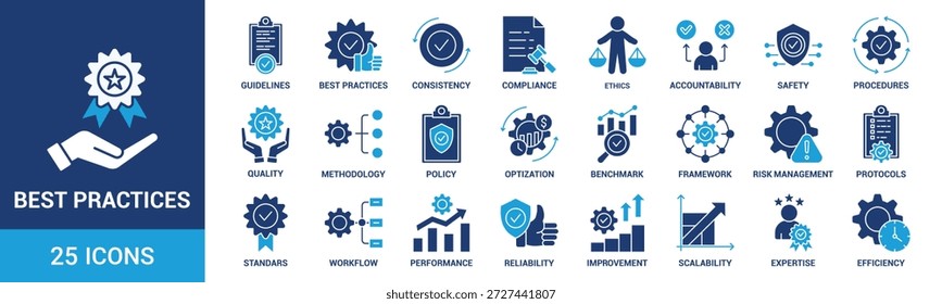 Best Practices-Symbolsatz. Enthält Richtlinien, Konsistenz, Compliance, Ethik, Verantwortlichkeit, Sicherheit, Verfahren, Qualität und mehr. Kollektion von durchgezogenen Vektorsymbolen.