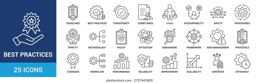 Best Practices-Symbolsatz. Enthält Richtlinien, Konsistenz, Compliance, Ethik, Verantwortlichkeit, Sicherheit, Verfahren, Qualität und mehr. Kollektion von Vektorsymbolen für die Gliederung.