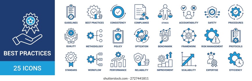 Best Practices-Symbolsatz. Enthält Richtlinien, Konsistenz, Compliance, Ethik, Verantwortlichkeit, Sicherheit, Verfahren, Qualität und mehr. Sammlung blauer Vektorsymbole.