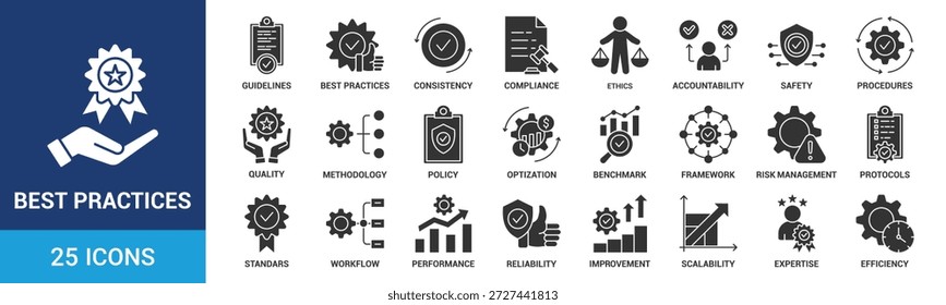 Best Practices-Symbolsatz. Enthält Richtlinien, Konsistenz, Compliance, Ethik, Verantwortlichkeit, Sicherheit, Verfahren, Qualität und mehr. Sammlung von Glyphenvektorsymbolen.