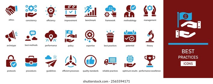 Best practices icon set.  with ethic, best practices, theory, archetype, best methods, risk management more solid icons