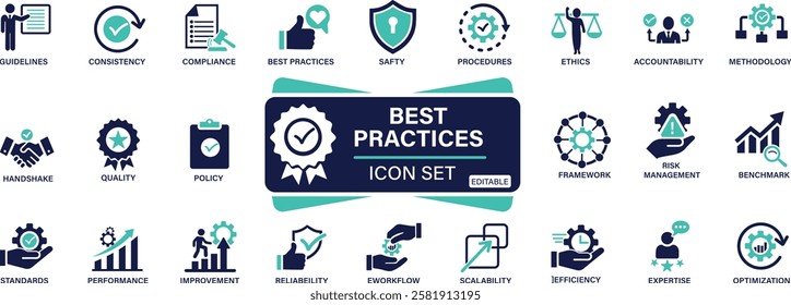 Best practices icon set. workflow, guidelines, performance, standards, improvement, protocols You can easily change the color