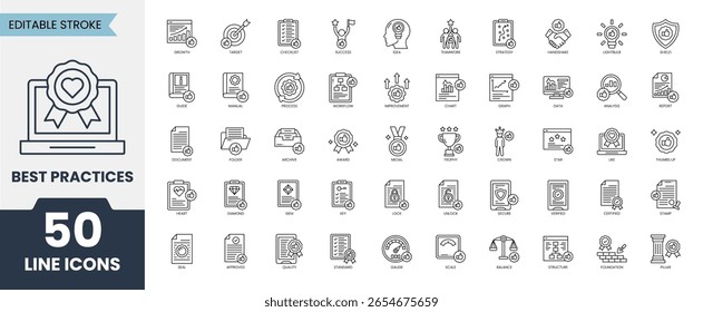 Best practices line editable icon set. Containing target, workflow, improvement, growth, teamwork, standards and more. Vector illustration