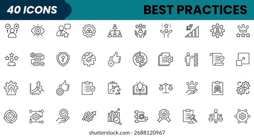 Conjunto de ícones editáveis da linha de práticas recomendadas. Contendo fluxo de trabalho, diretrizes, desempenho, padrões, melhorias, protocolos, procedimentos, metodologia e muito mais. Ilustração vetorial