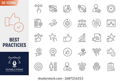 Conjunto de ícones editáveis da linha Práticas recomendadas. Contendo ícones. política, fluxo de trabalho, diretrizes e muito mais. Ilustração vetorial