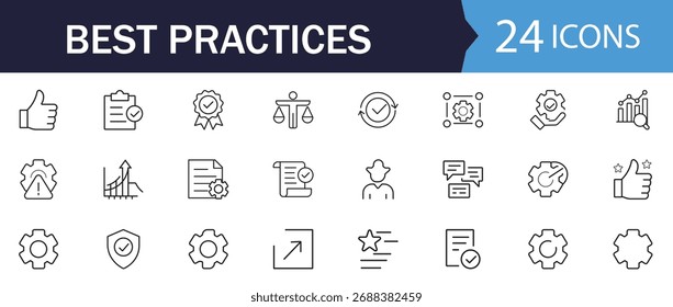 Best Practices line editable icons set. Includes policy, workflow, guidelines, quality, ethics, safety, performance, compliance, standards, and more. Clean vector symbols.