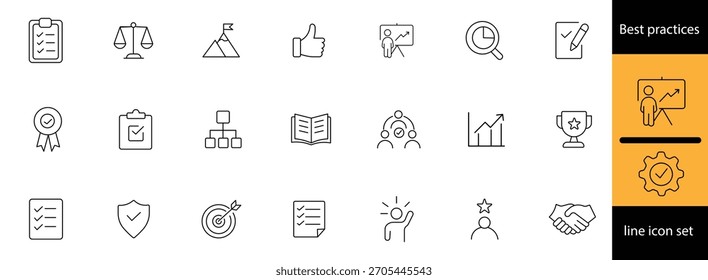 Conjunto de iconos editables de la línea de mejores prácticas. Incluye políticas, flujo de trabajo, lineamientos, calidad, ética, seguridad, desempeño, conformidad, estándares y más. Símbolos de Vector limpio