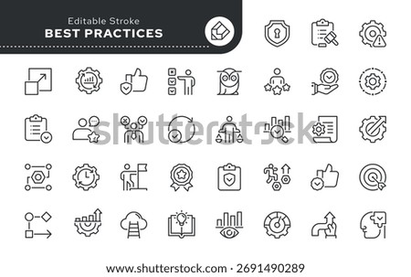 Best practices line icon set. Expertise, methodology, safety, efficiency, optimization, standards, quality, workflow, benchmark and more. Outline icon in linear style. Vector collection.	
