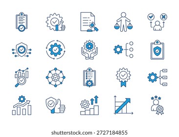 Mejores prácticas conjunto de iconos azules delgados. Contiene lineamientos, mejores prácticas, conformidad, ética, rendición de cuentas, seguridad, procedimientos, calidad. Ilustración vectorial