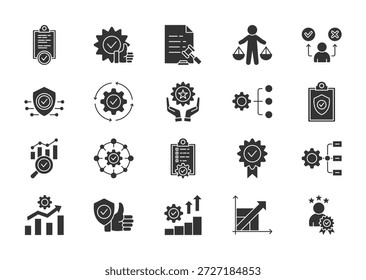 Conjunto de iconos de glifo delgado de mejores prácticas. Contiene lineamientos, mejores prácticas, conformidad, ética, rendición de cuentas, seguridad, procedimientos, calidad. Ilustración vectorial