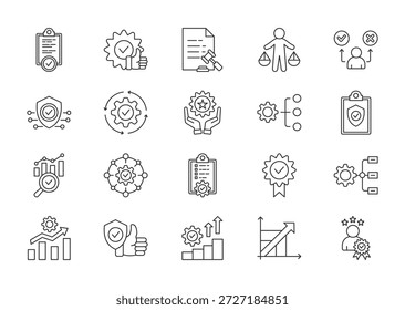 Conjunto de iconos de línea delgada de mejores prácticas. Contiene lineamientos, mejores prácticas, conformidad, ética, rendición de cuentas, seguridad, procedimientos, calidad. Ilustración vectorial
