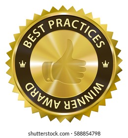 Best Practices Winner award gold label with thumb up symbol icon isolated on white background. Vector illustration