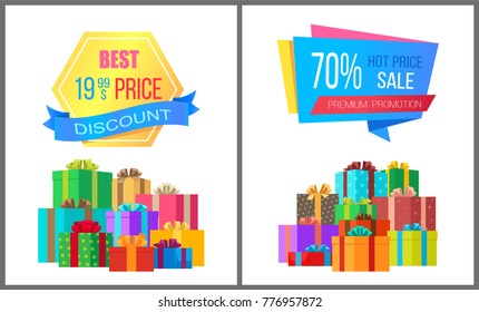 Best price 19.99 discount special exclusive offer sale posters with piles of gift boxes wrapped in decorative color paper, vector banners 70 % off