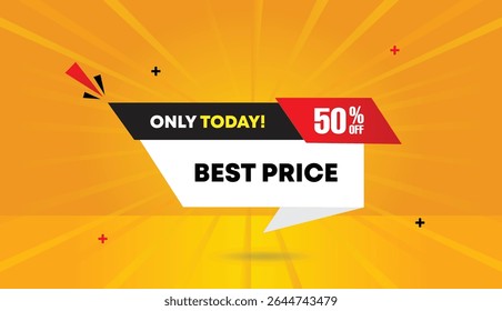 Best price 50% off only today editable web banner vector art illustration modern abstract business background with white black red shapes orange yellow highlights high quality 4k template design