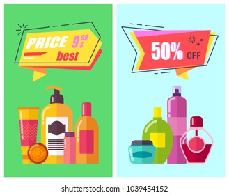 Best price -50% off, posters set with letterings in frames and tubes, containers and bottles, cosmetics and creams isolated on vector illustration