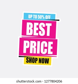 Best Price 50% Off Shop Now Advertisement Label. Discoung badge 50% black friday shopping banner